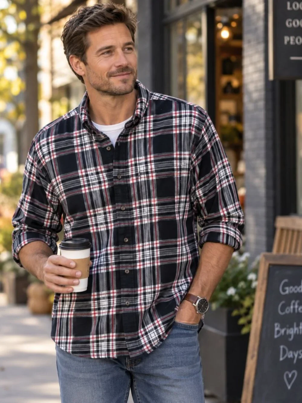 Brooks Brothers 346 L Plaid Button Down Men's Black White Red Cotton Flannel